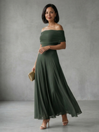 June · Vestido midi drapeado con hombros descubiertos