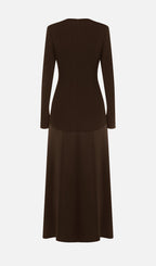 VESTIDO LARGO PUNTOY SATÉN MODELO CAFÉ
