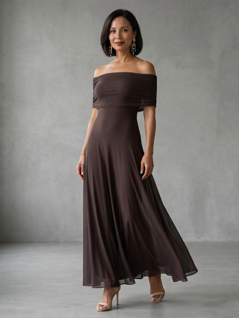 June · Vestido midi drapeado con hombros descubiertos
