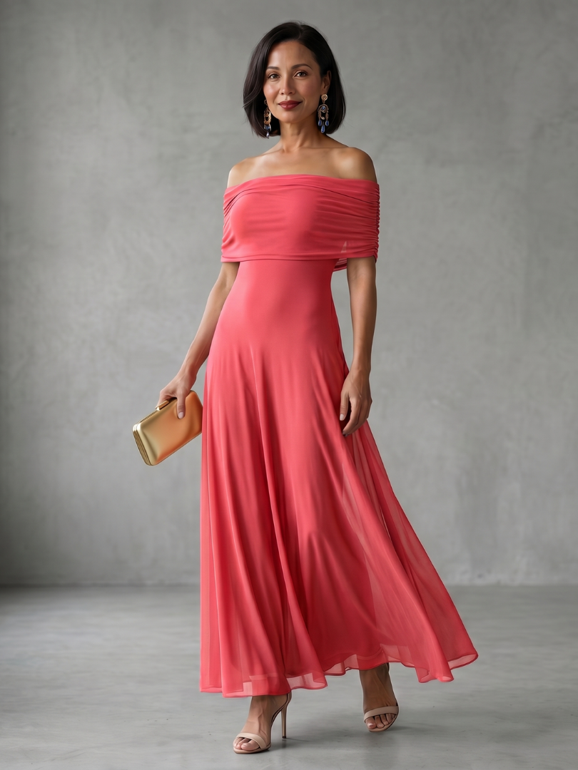 June · Vestido midi drapeado con hombros descubiertos