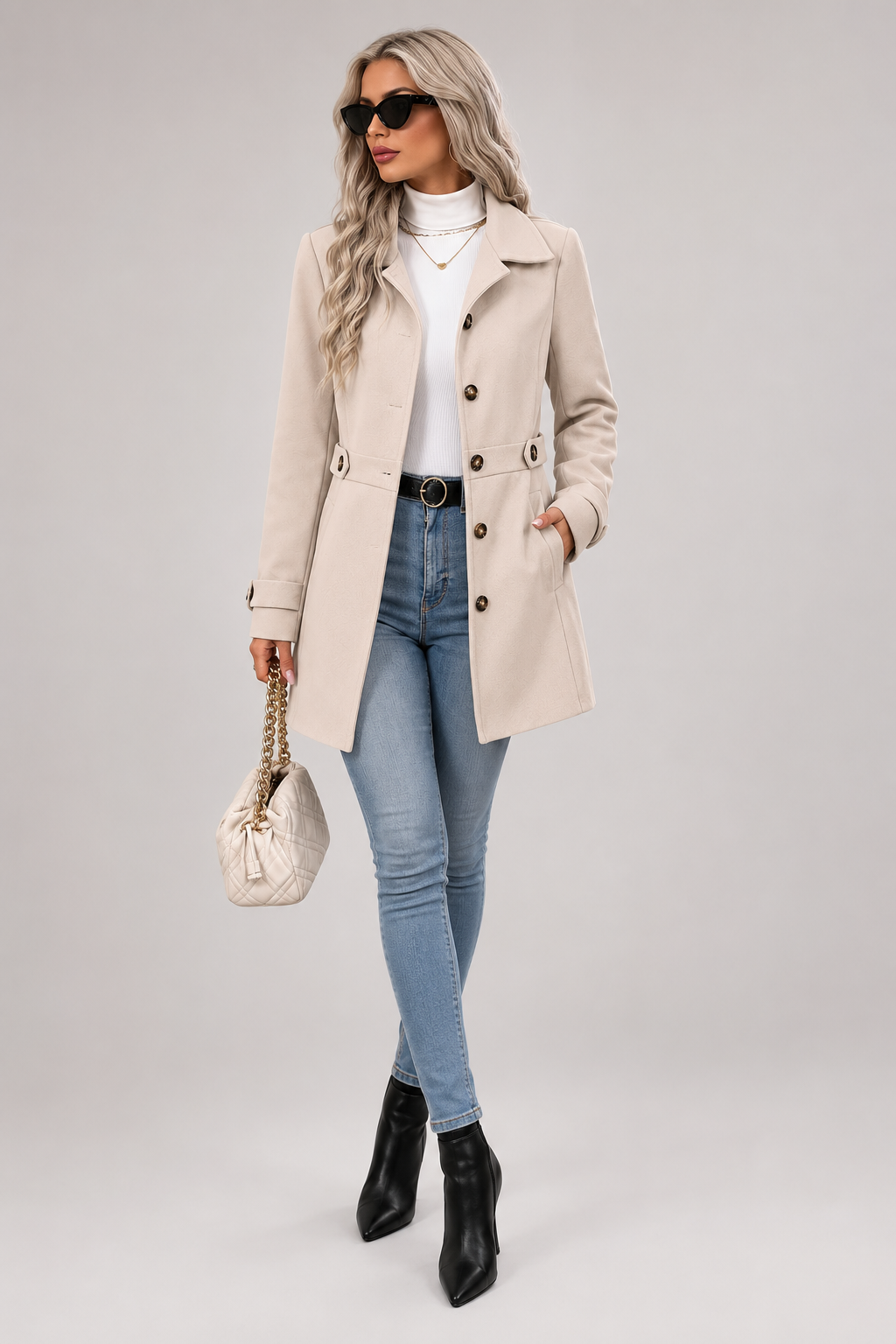 Beatriz · Abrigo entallado de botonadura sencilla, en beige, look completo