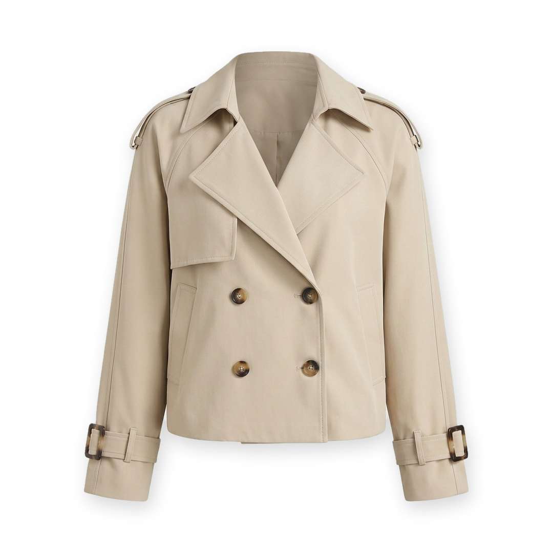 Chaqueta corta cruzada beige estilo gabardina, sobre fondo blanco