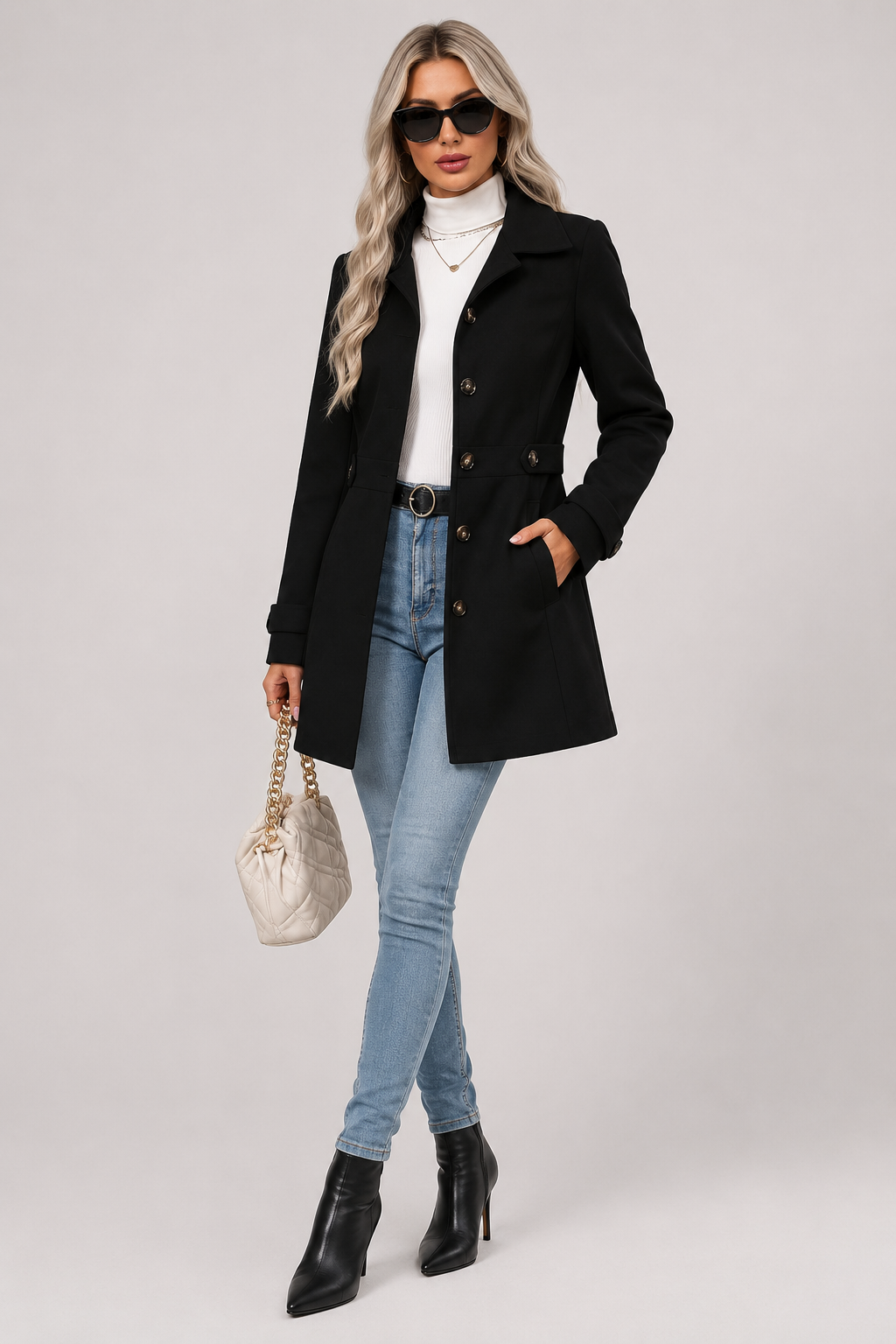 Beatriz · Abrigo entallado de botonadura sencilla, en negro, look completo
