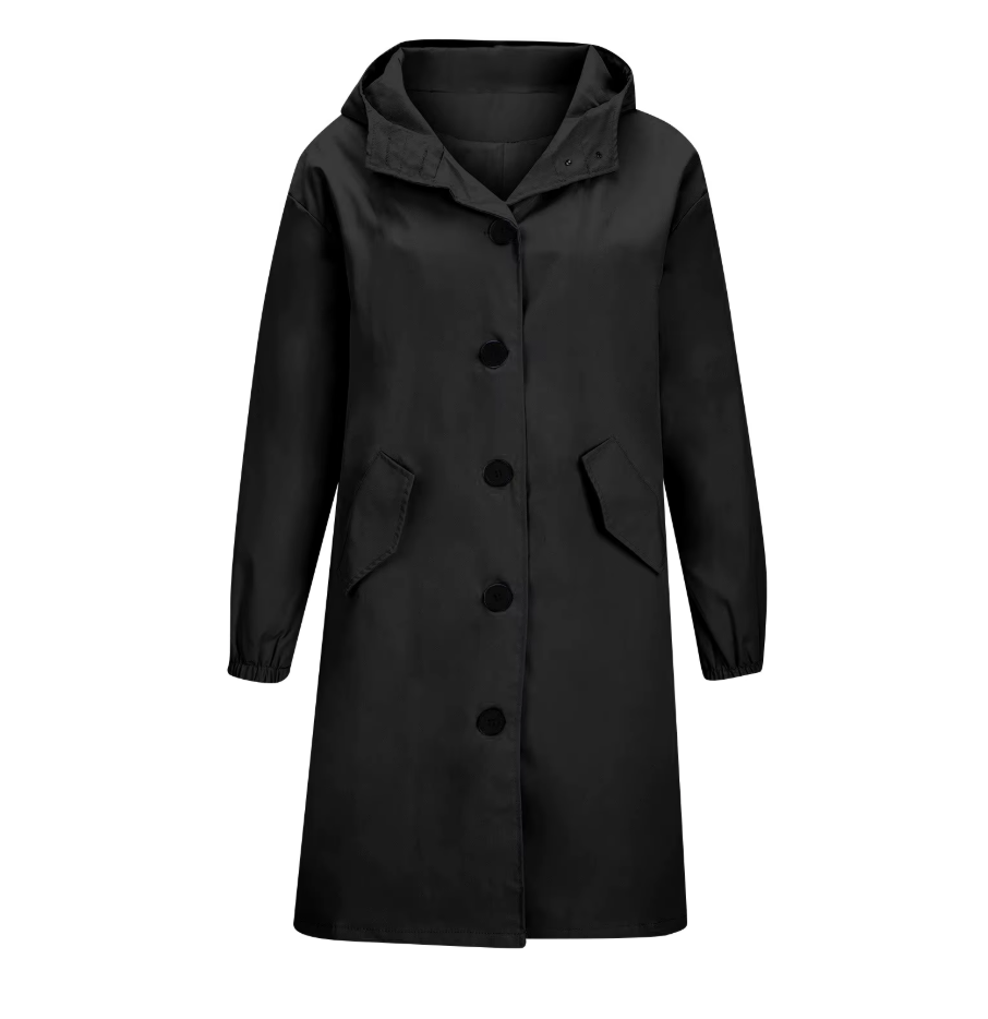 Catalina · Gabardina larga con capucha en negro, vista frontal