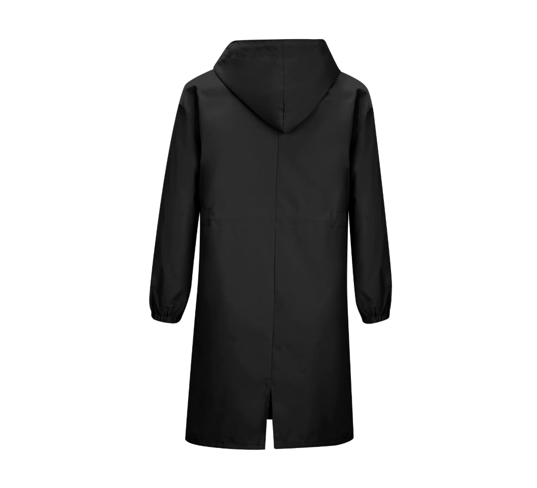 Catalina · Gabardina larga con capucha en negro, vista trasera