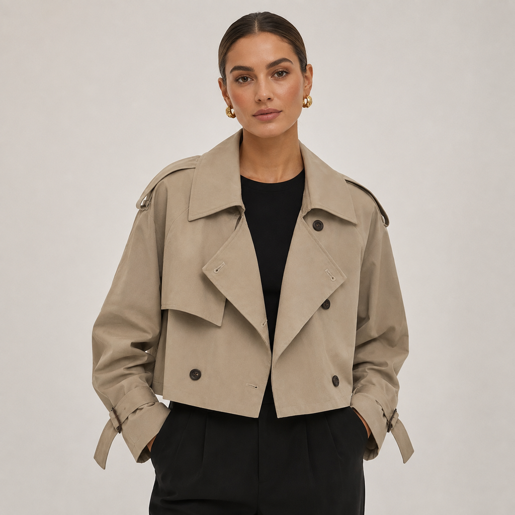 Modelo con gabardina corta cruzada en tono topo, vista frontal