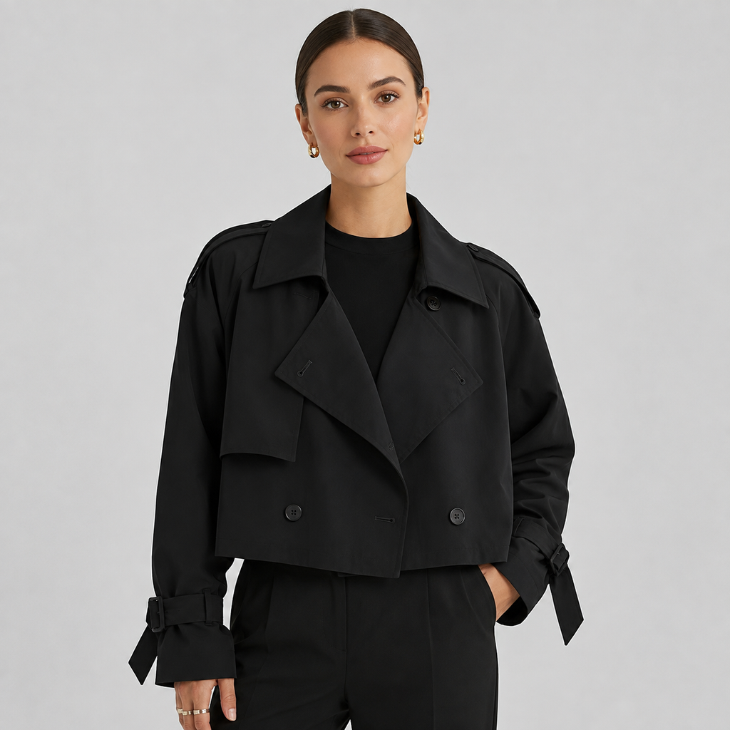 Modelo con gabardina corta cruzada en negro con puños con lazada, vista frontal