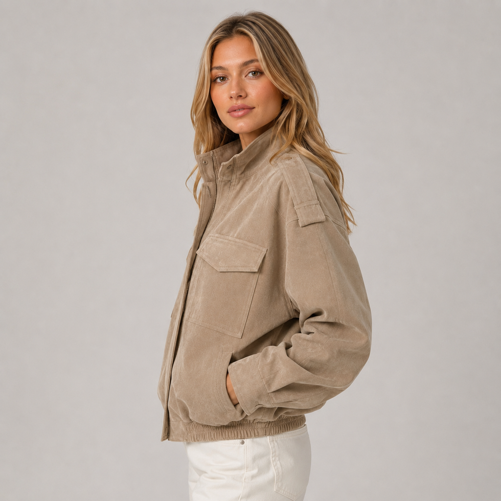 Modelo con chaqueta bomber efecto ante en tono topo, vista lateral