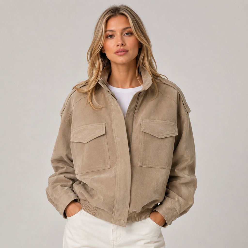 Modelo con chaqueta bomber efecto ante en tono topo, vista frontal