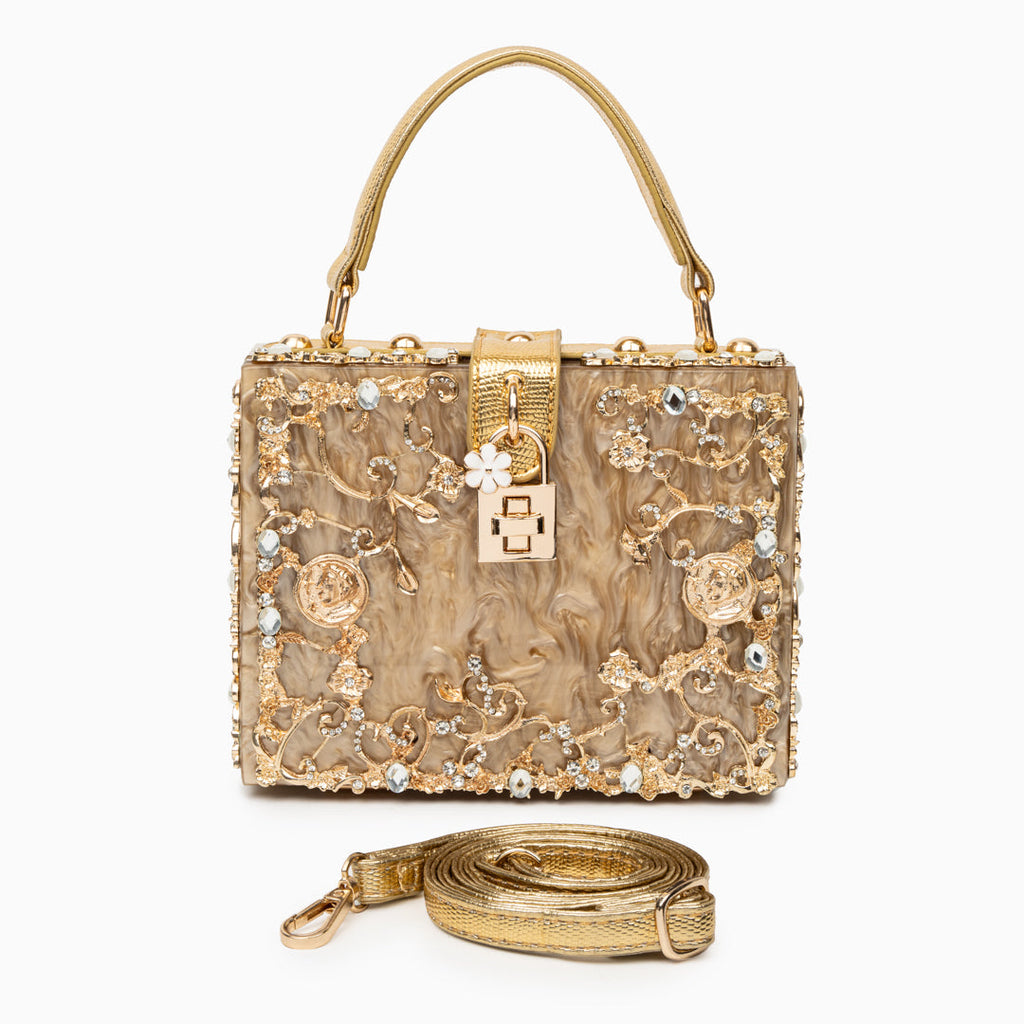 Vittoria · Bolso box de acrílico con detalle floral dorado
