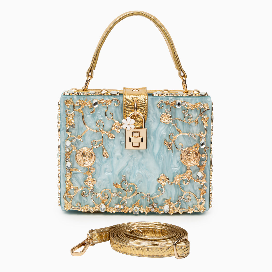 Vittoria · Bolso box de acrílico con detalle floral dorado