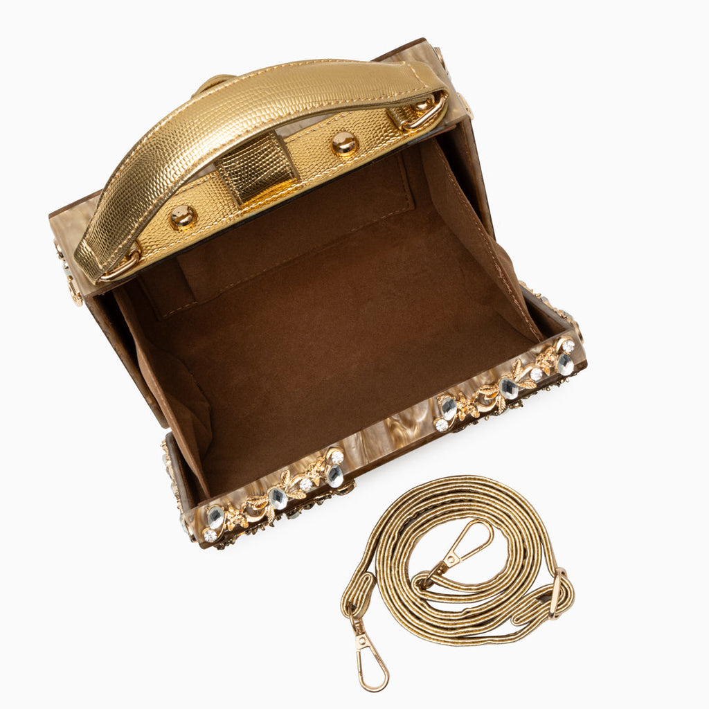 Vittoria · Bolso box de acrílico con detalle floral dorado