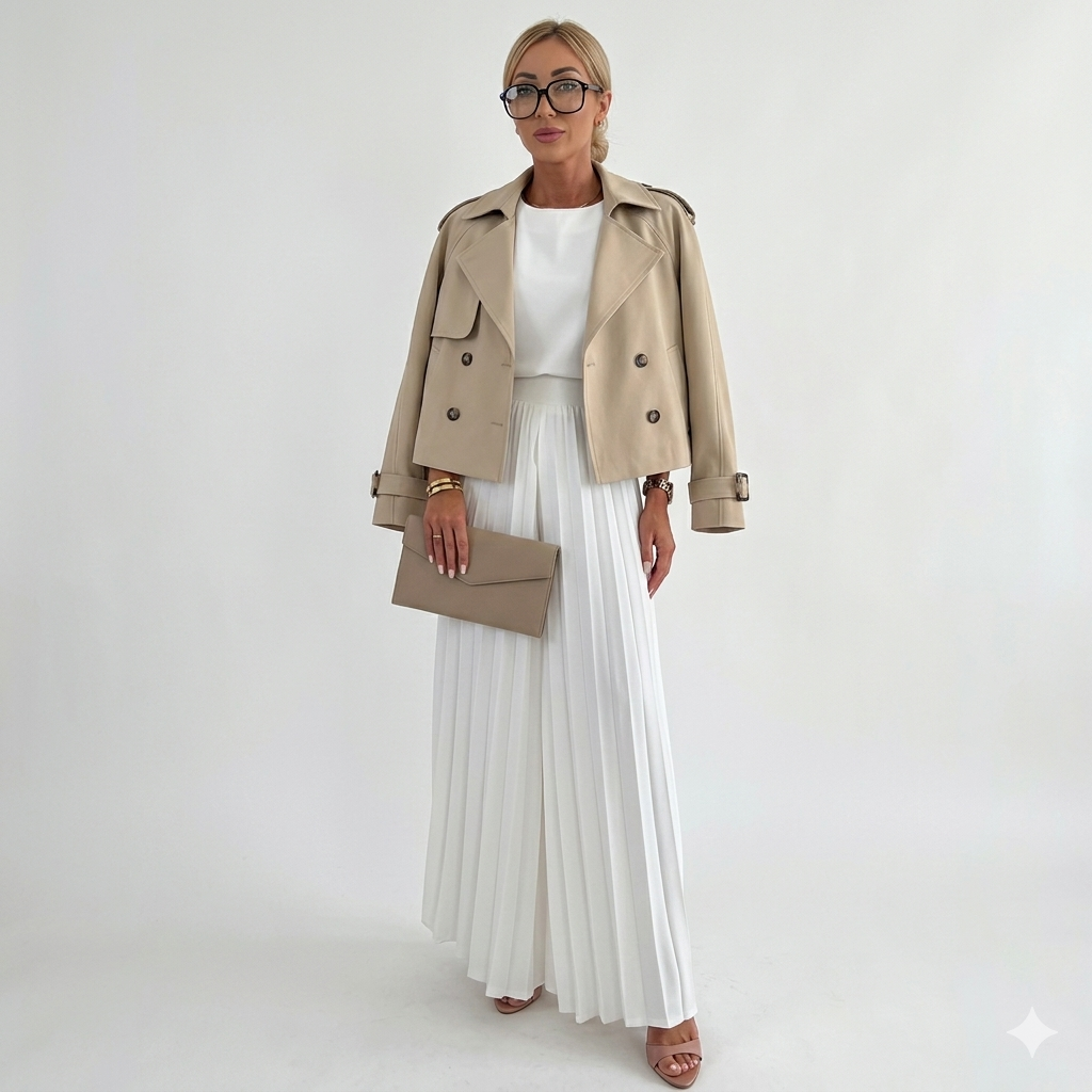 Modelo con chaqueta corta cruzada beige y falda plisada blanca