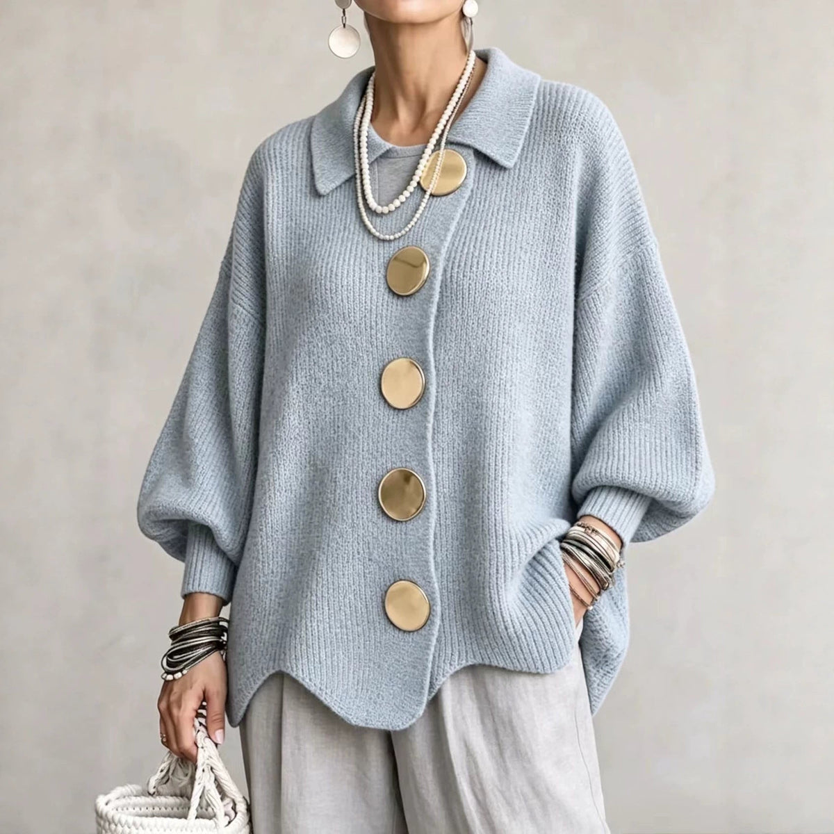 Isadora · Cárdigan de punto con cuello en azul cielo