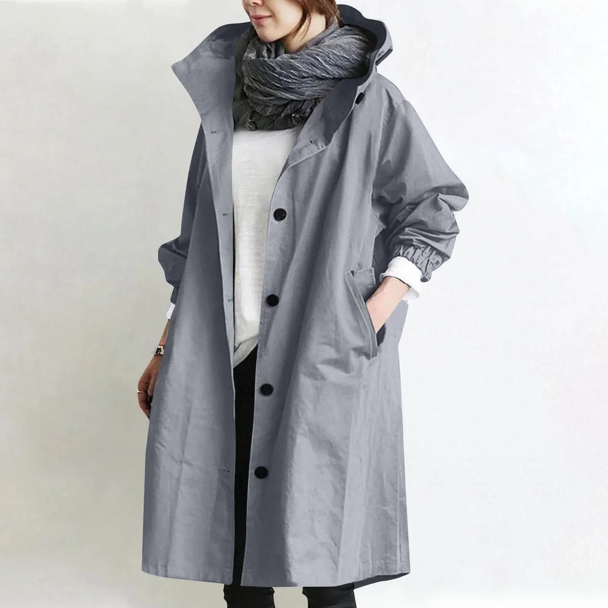 Catalina · Gabardina larga con capucha en gris claro