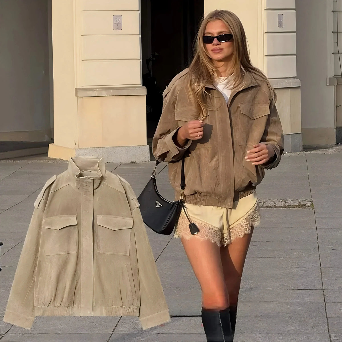Chaqueta efecto ante en tono topo sobre fondo claro junto a modelo en la calle