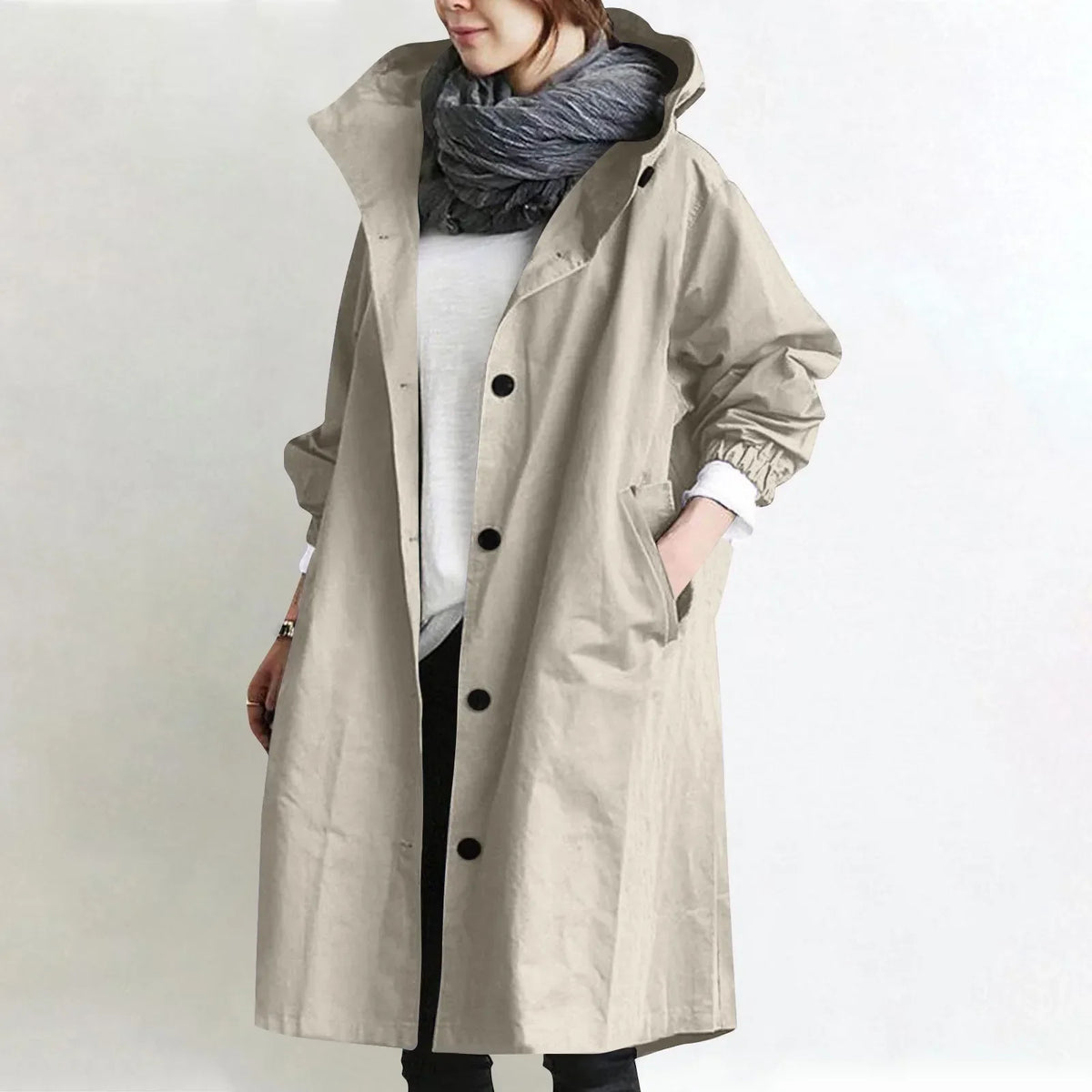 Catalina · Gabardina larga con capucha en beige