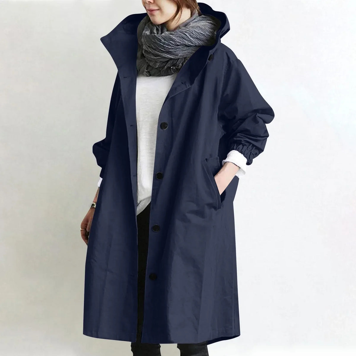 Catalina · Gabardina larga con capucha en azul marino