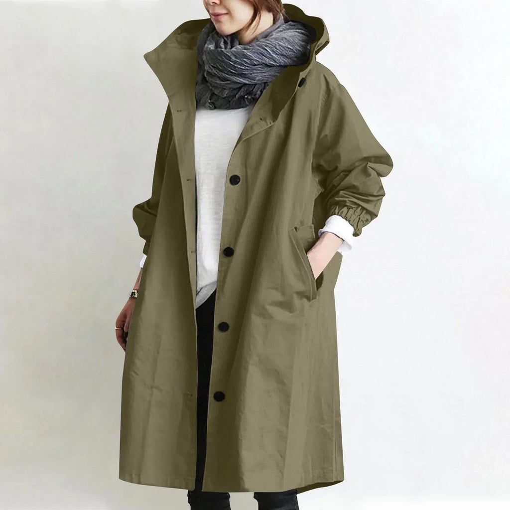 Catalina · Gabardina larga con capucha en verde oliva