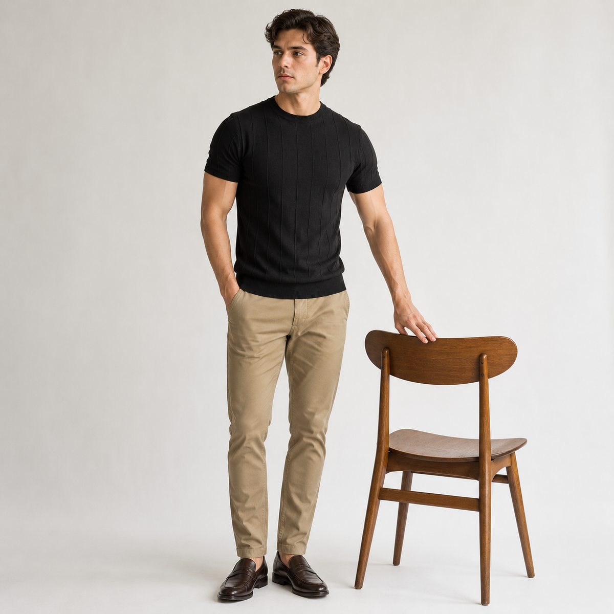 Luca · Camiseta de punto acanalado de manga corta, en negro, cuerpo entero