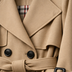 Detalle del cuello, las solapas y los botones de la gabardina beige