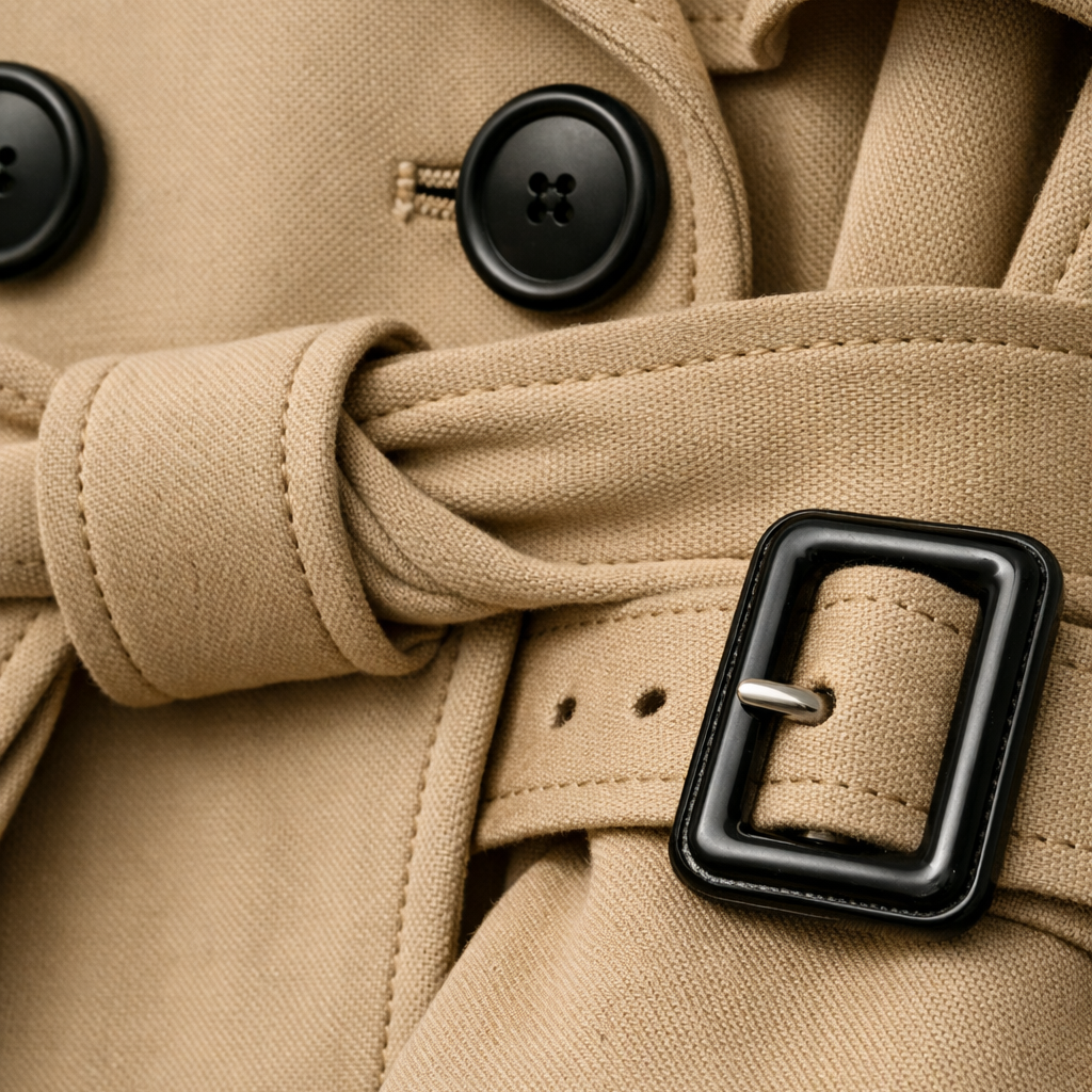 Detalle de la hebilla del cinturón de la gabardina beige