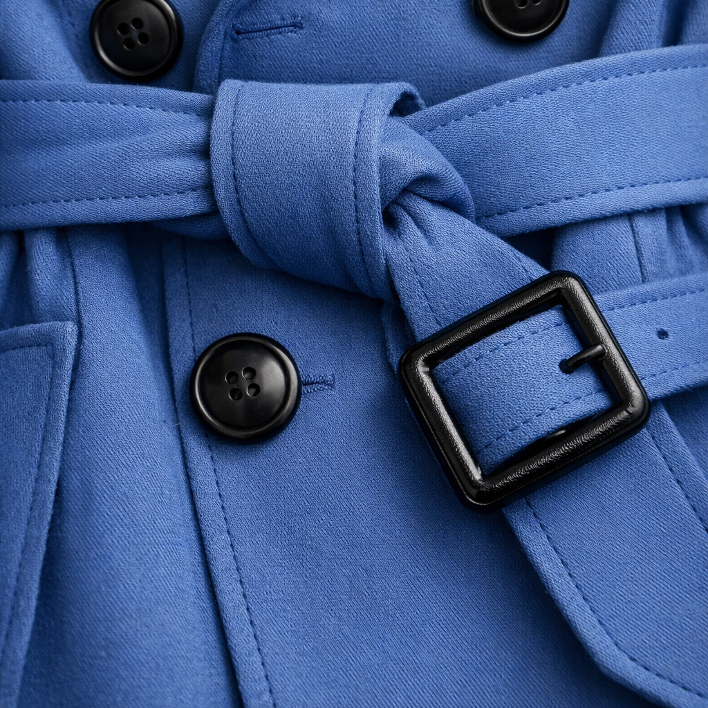 Detalle del cinturón anudado de la gabardina en azul