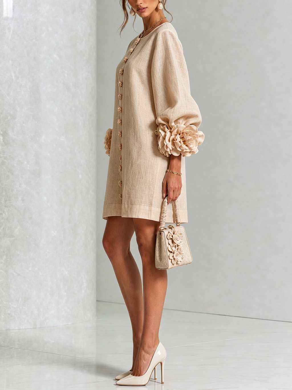 Kiera · Vestido corto beige con puños florales, de lado