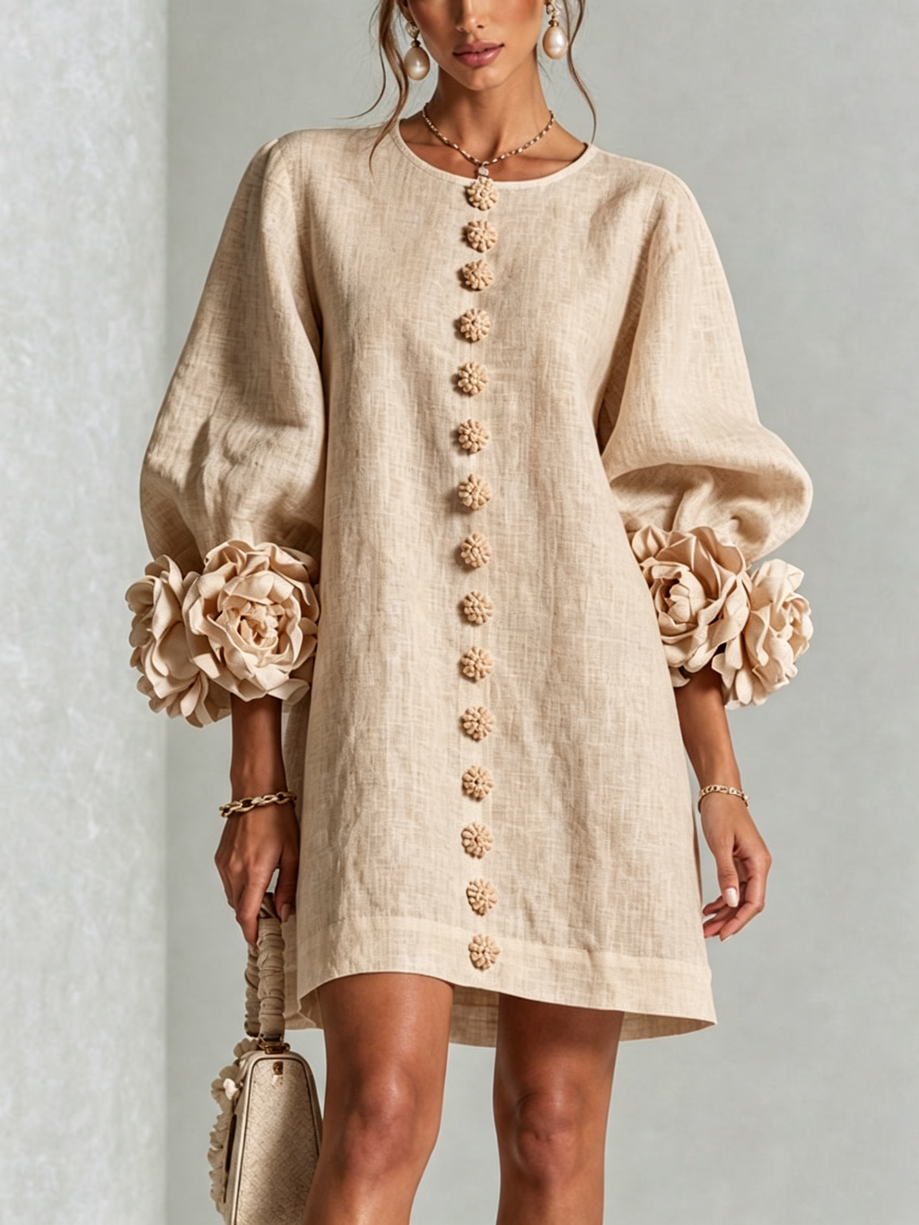Kiera · Vestido corto beige con puños florales, vista frontal
