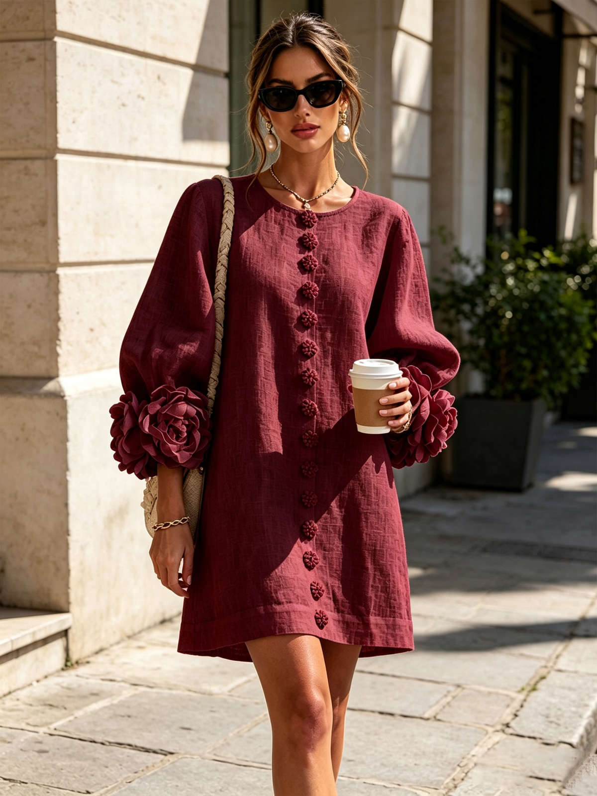 Kiera · Vestido corto burdeos con puños florales, en la calle