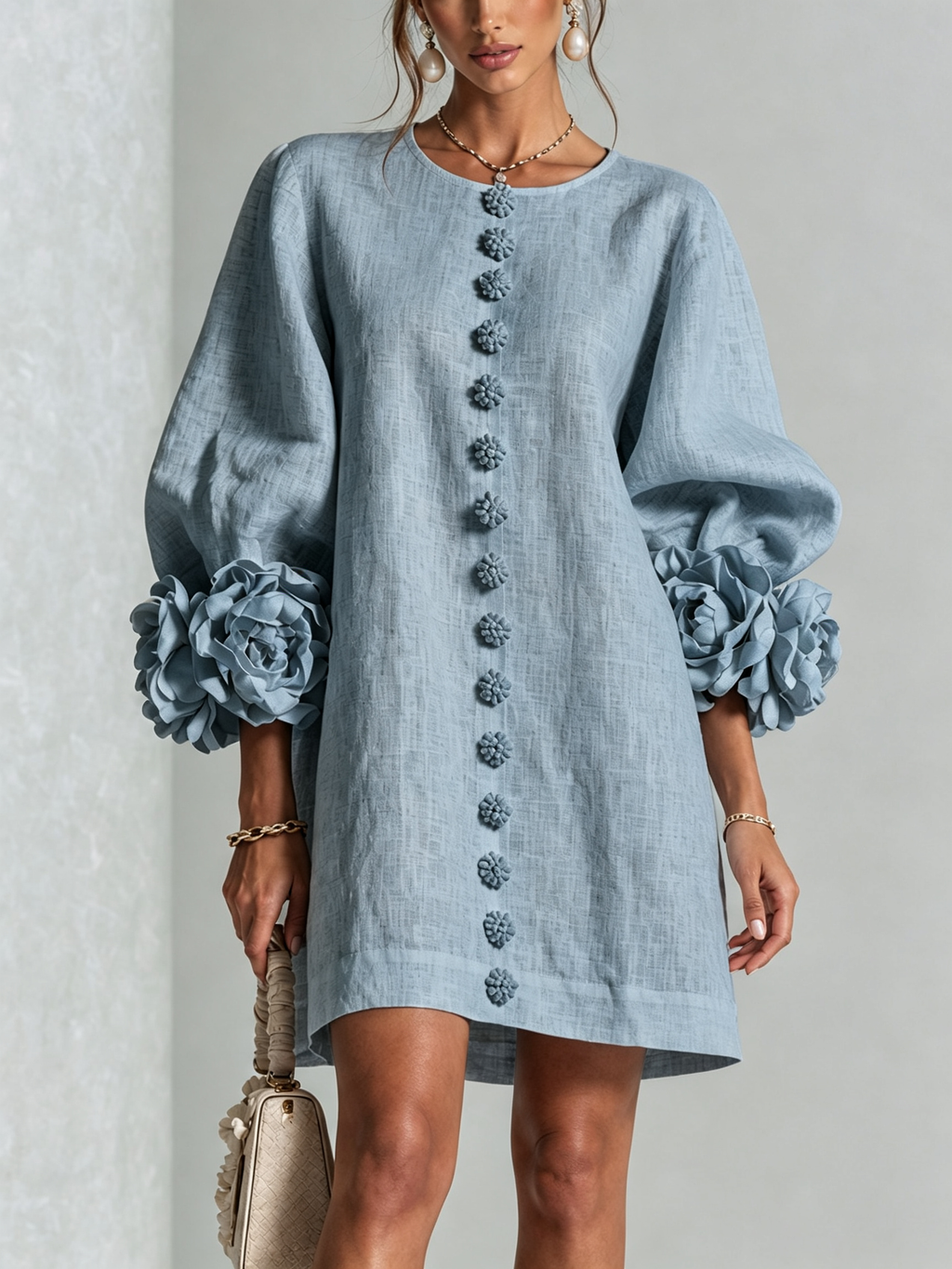 Kiera · Vestido corto azul grisáceo con puños florales, vista frontal