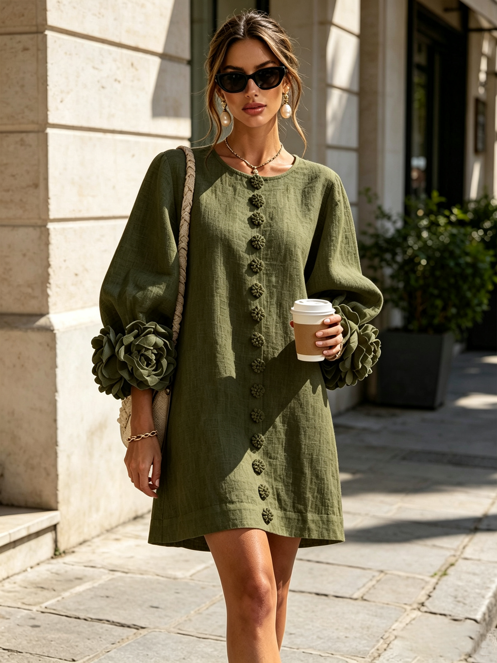 Kiera · Vestido corto verde oliva con puños florales, en la calle