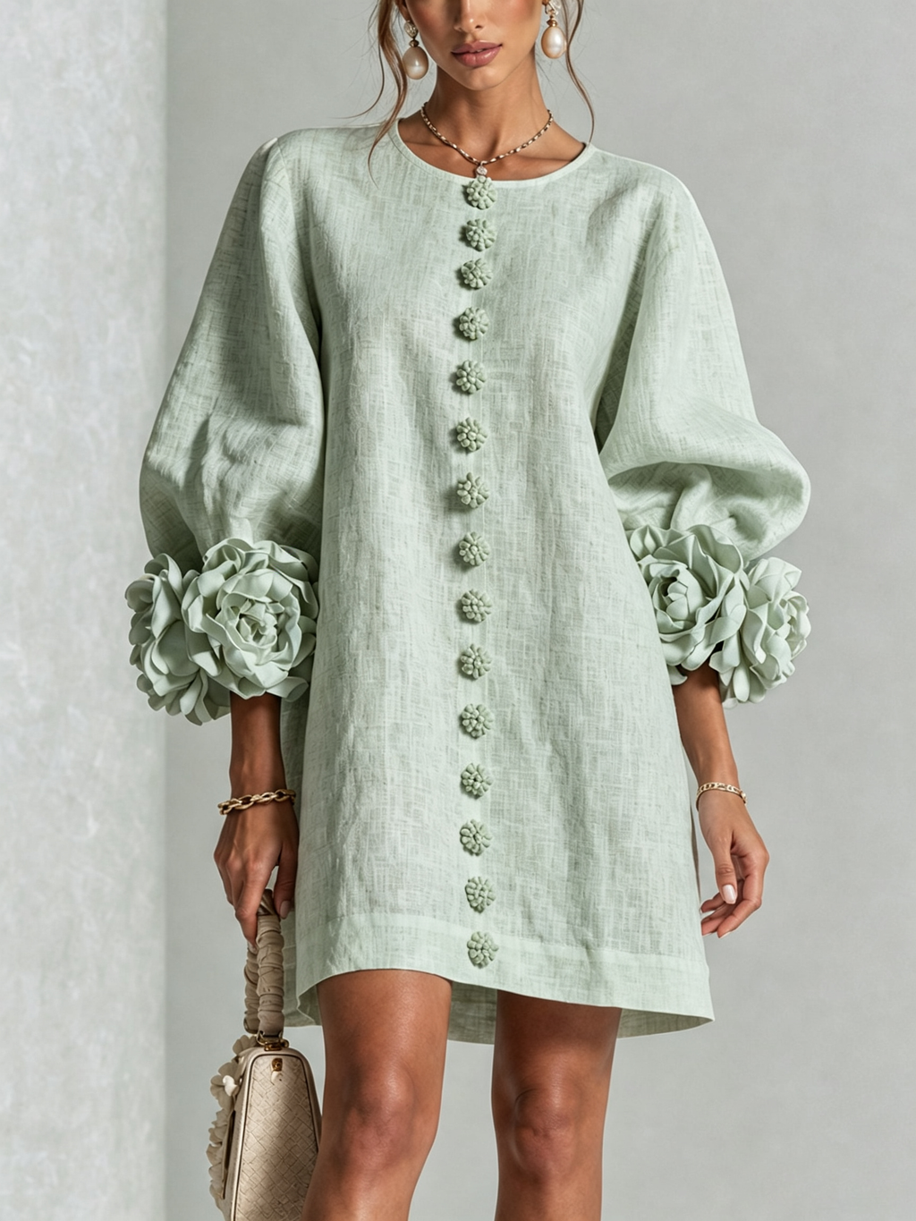 Kiera · Vestido corto verde salvia con puños florales, vista frontal
