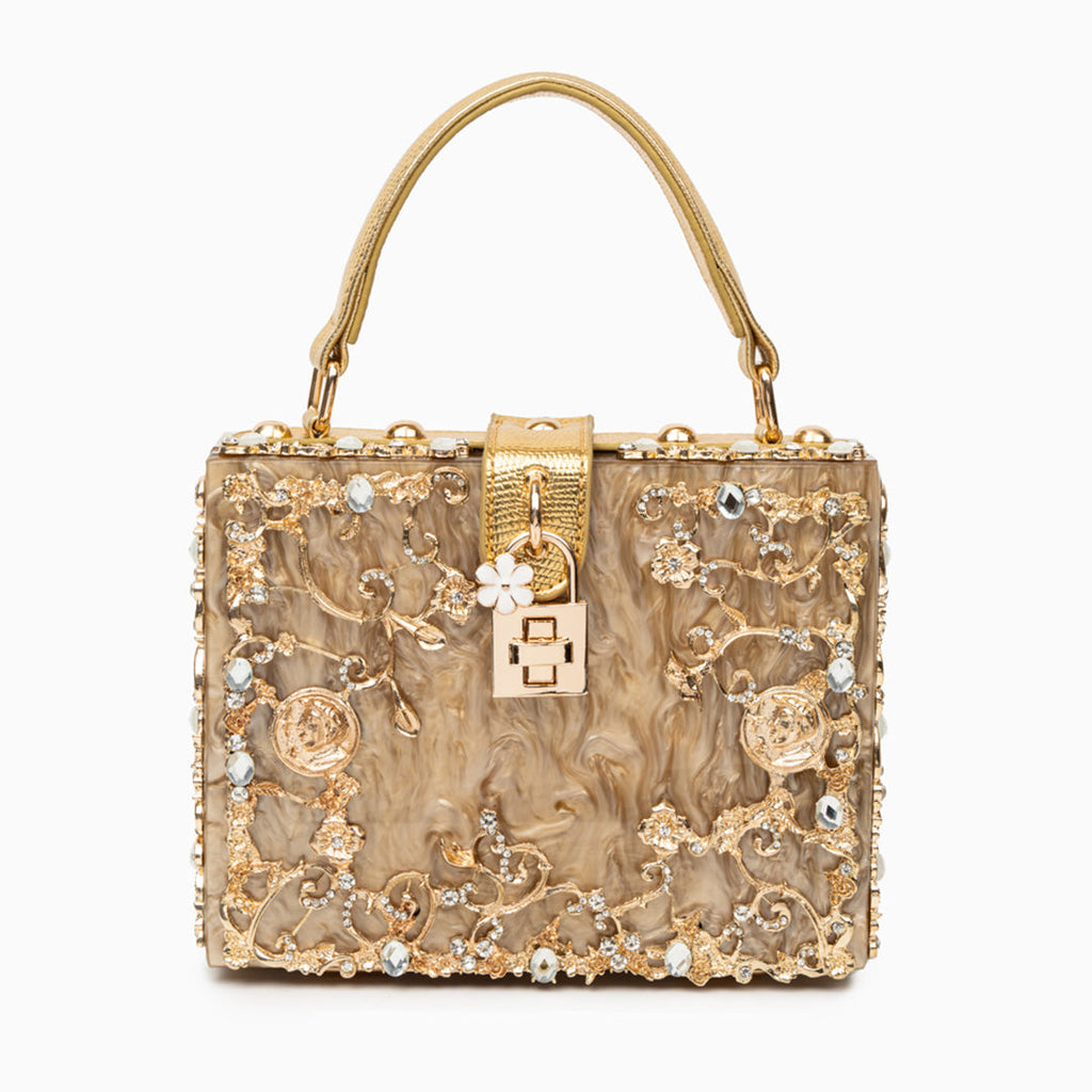 Vittoria · Bolso box de acrílico con detalle floral dorado