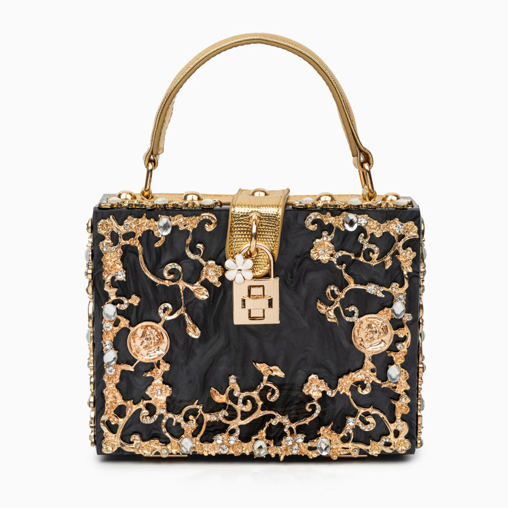 Vittoria · Bolso box de acrílico con detalle floral dorado