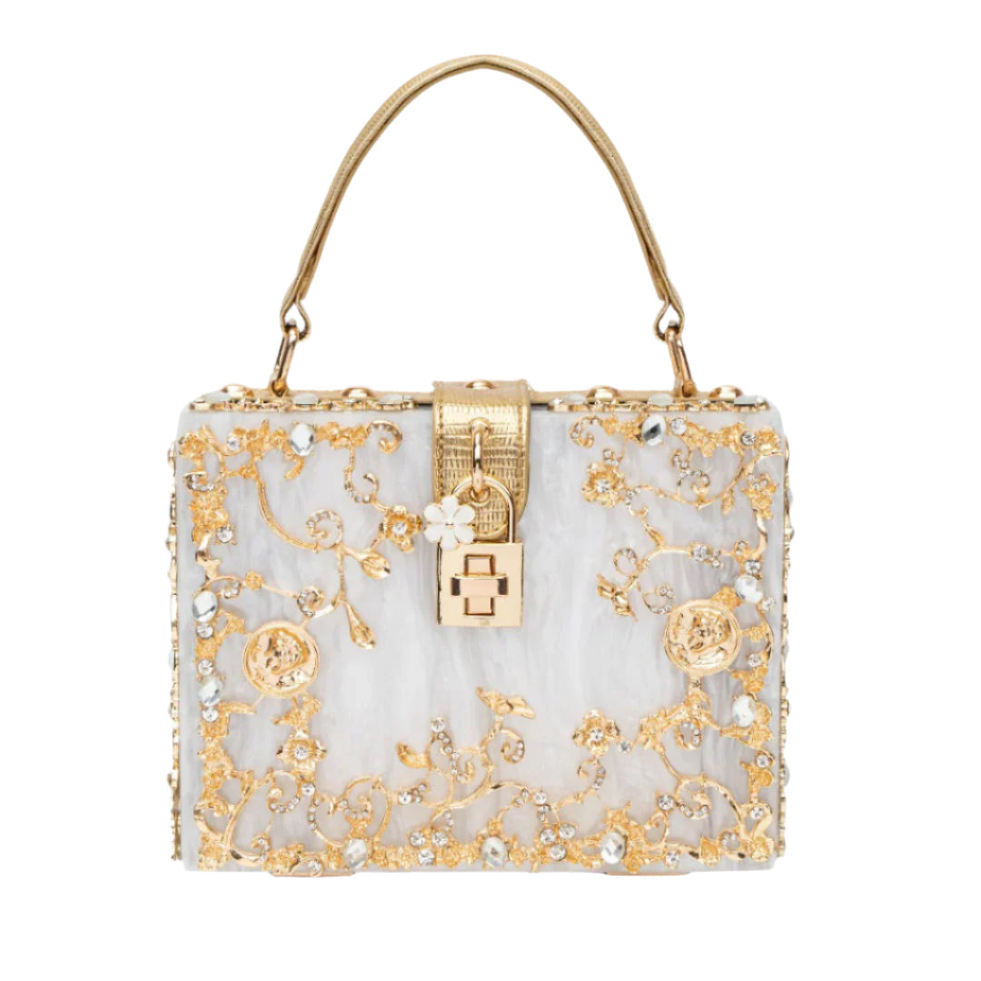 Vittoria · Bolso box de acrílico con detalle floral dorado