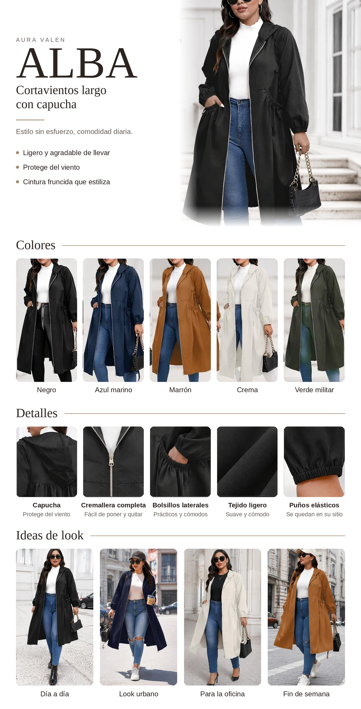 Alba · Cortavientos largo con capucha: colores, detalles e ideas de look