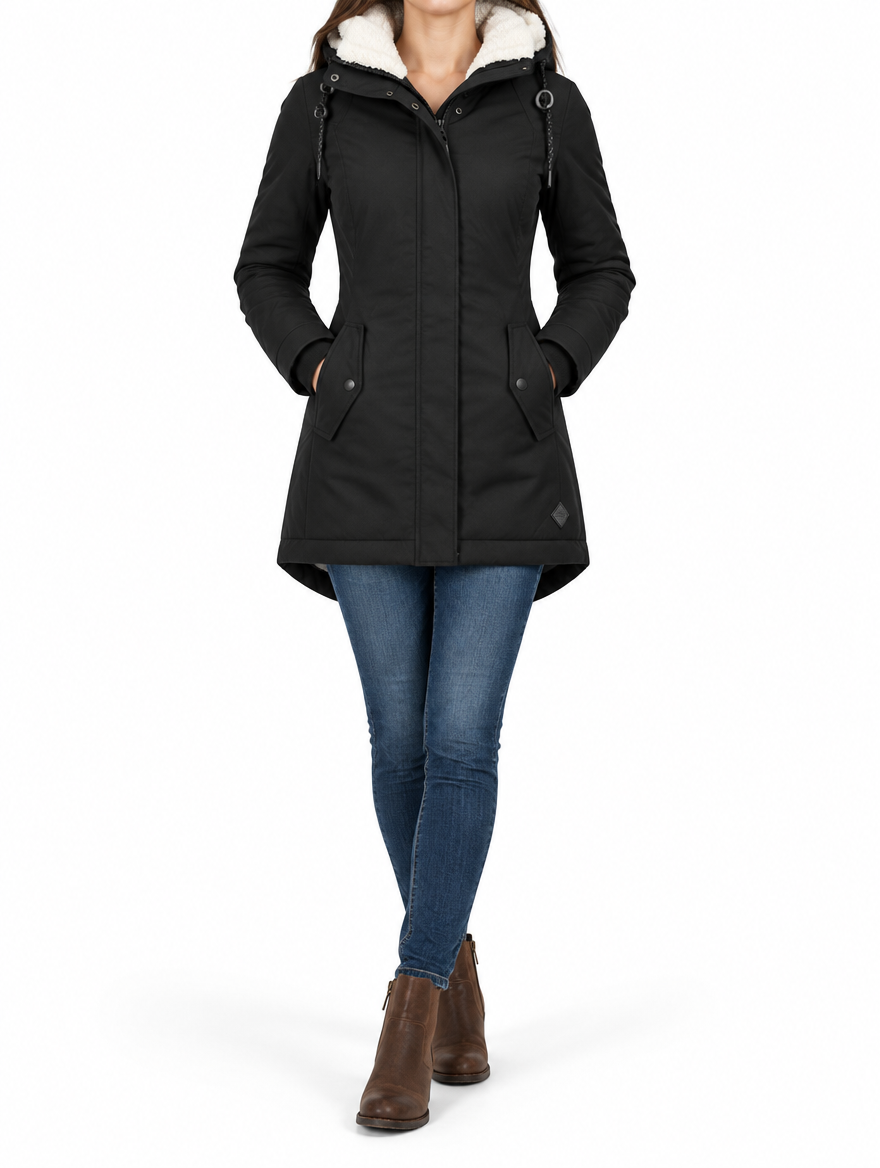 Modelo con la parka de invierno con capucha Clara en negro, fondo blanco