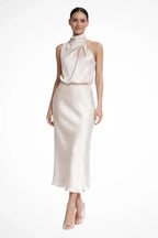 Amélie · Vestido midi halter con escote drapeado