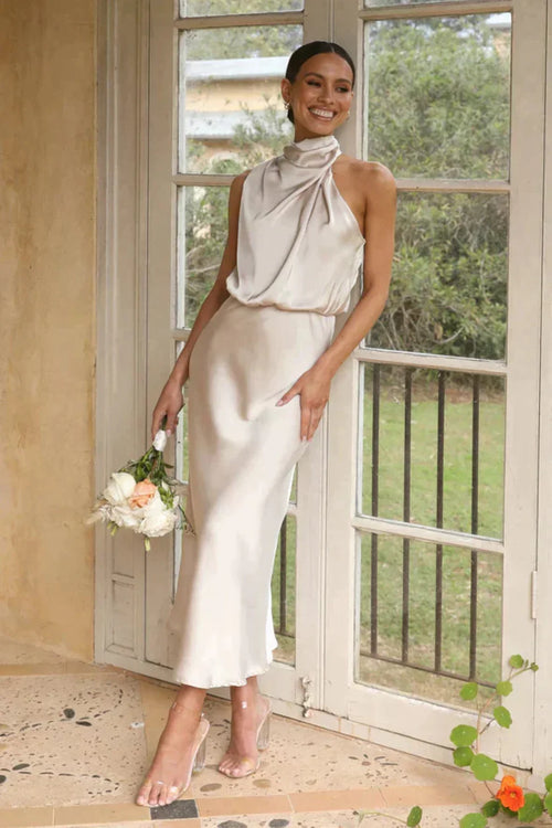 Amélie · Vestido midi halter con escote drapeado