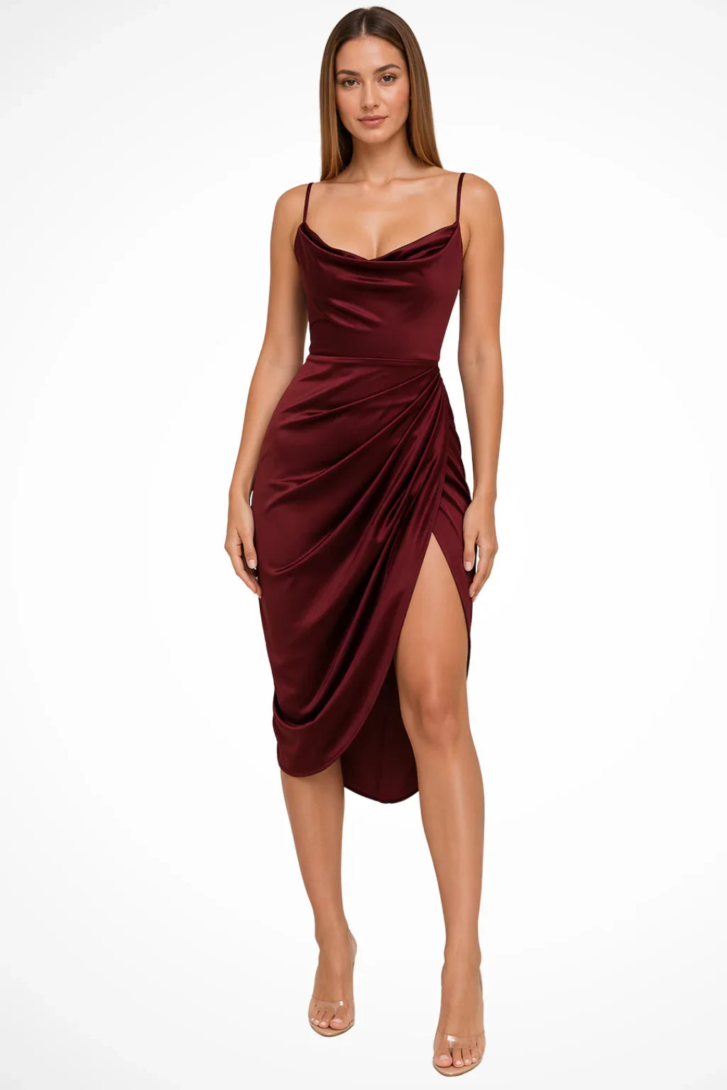 Georgia · Vestido midi de satén con cuello drapeado