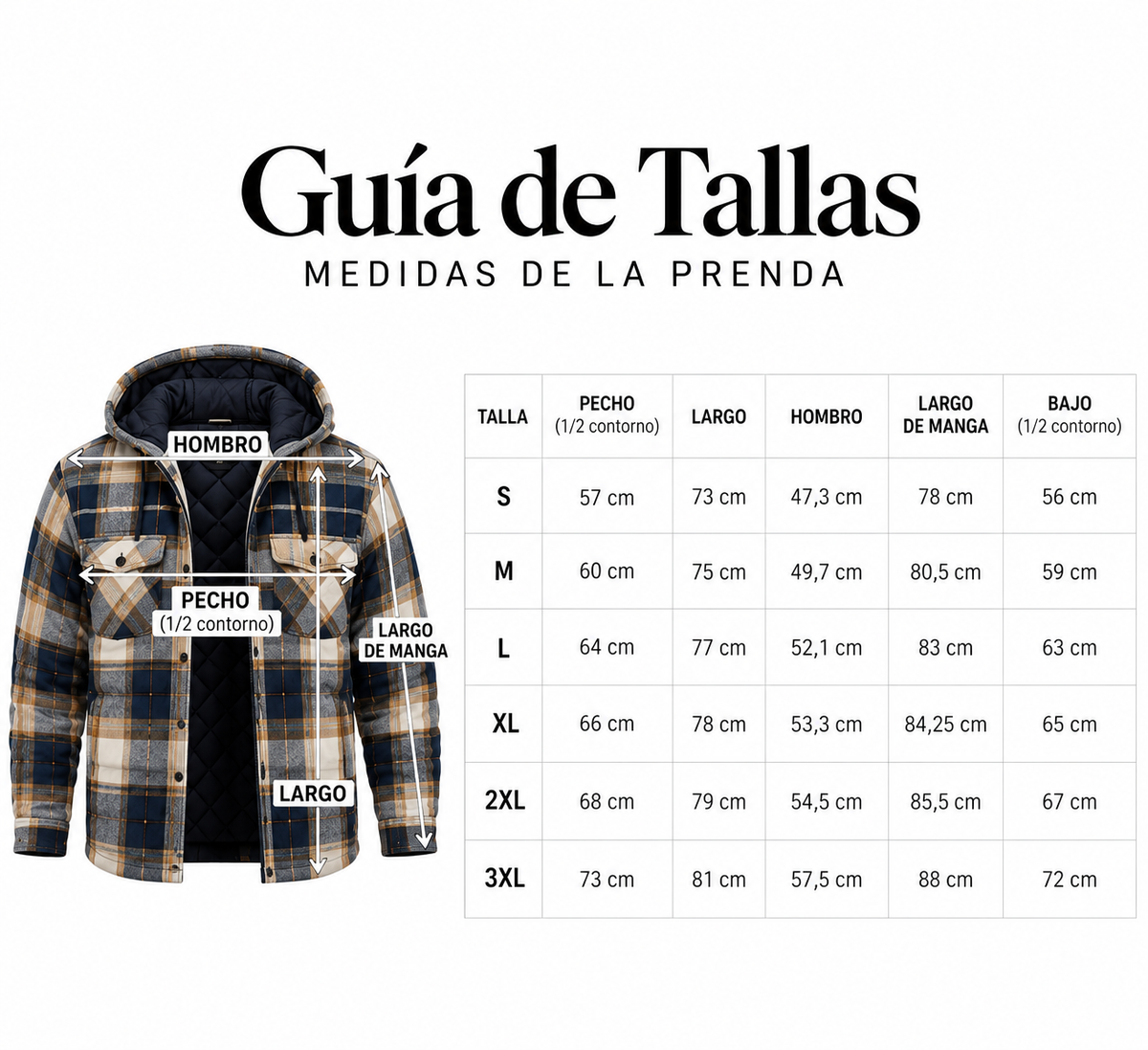 Guía de tallas Marcos · Medidas de la prenda en centímetros
