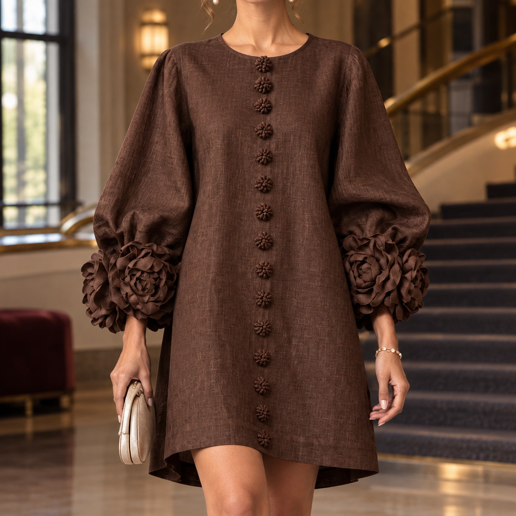 Kiera · Vestido corto marrón con puños florales