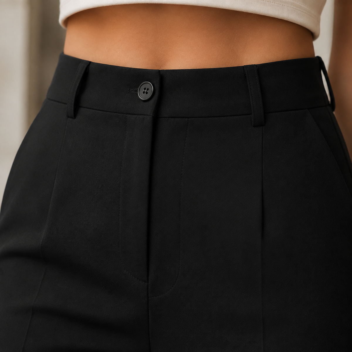 Paula · Pantalón de tiro alto y pernera ancha, detalle de la cintura con cierre de botón
