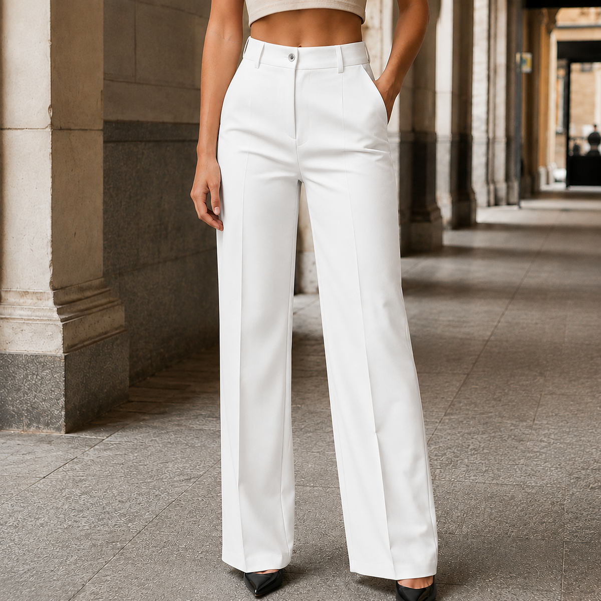 Paula · Pantalón de tiro alto y pernera ancha, en blanco
