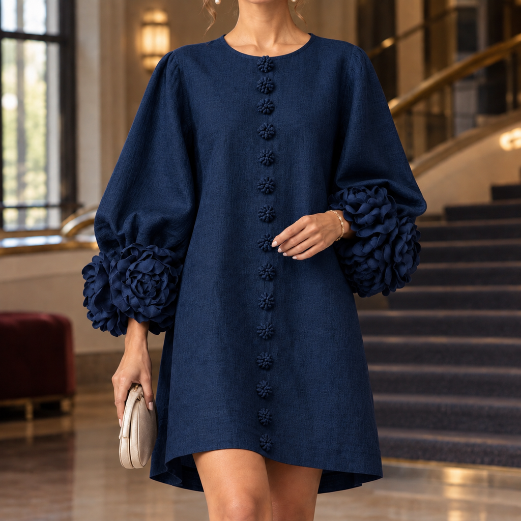 Kiera · Vestido corto azul marino con puños florales