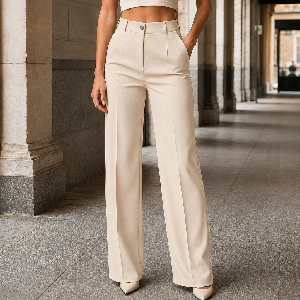 Paula · Pantalón de tiro alto y pernera ancha, en beige