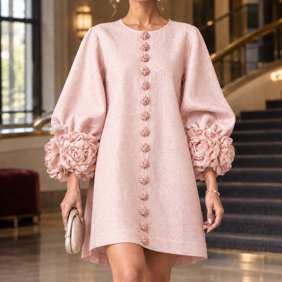 Kiera · Vestido corto rosa con puños florales