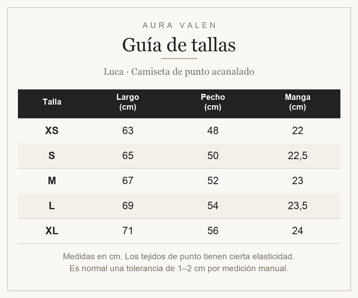 Guía de tallas de Luca · Camiseta de punto acanalado de manga corta, tallas XS a XL