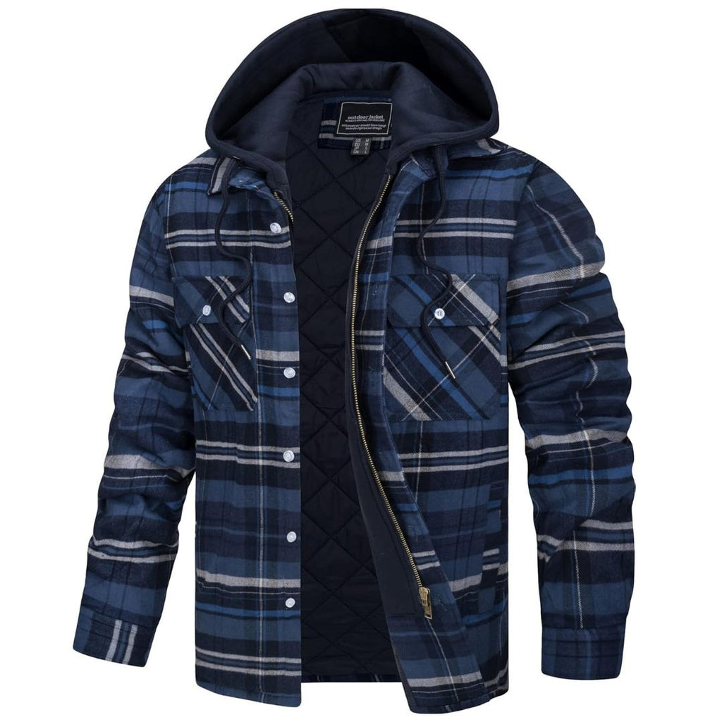 Chaqueta de franela acolchada con capucha Marcos en azul y gris, vista frontal